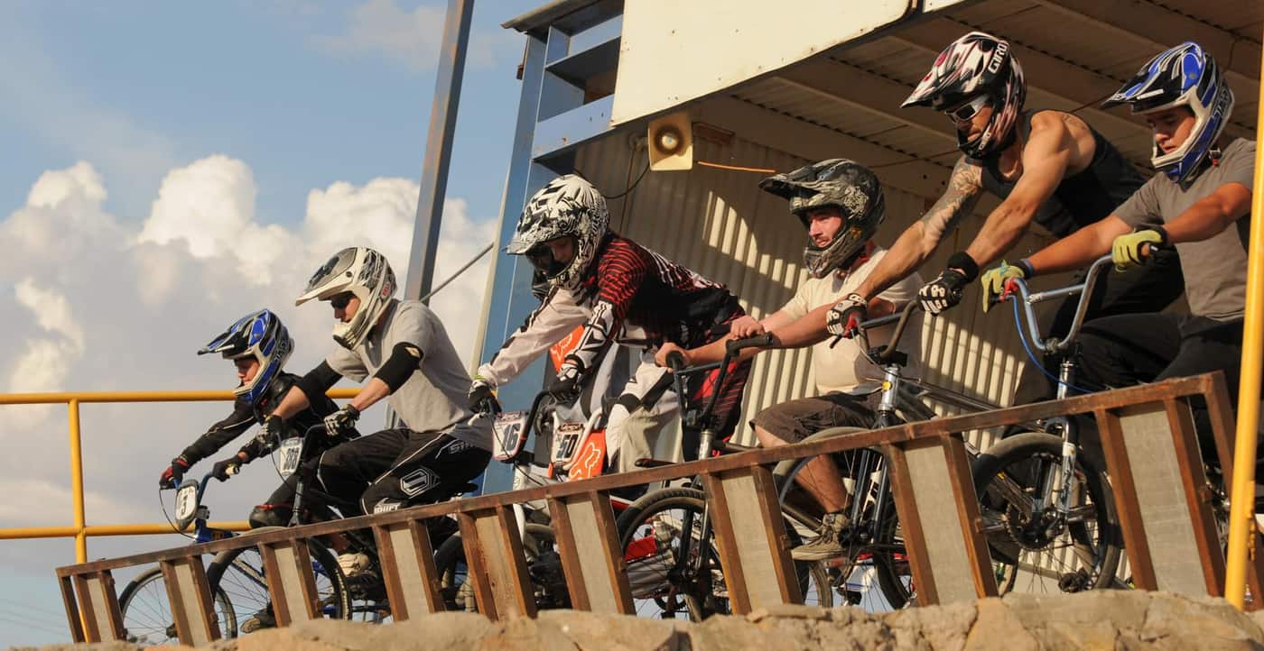 BMX riders lined up at the Desert Downs start gate in El Paso in 2013